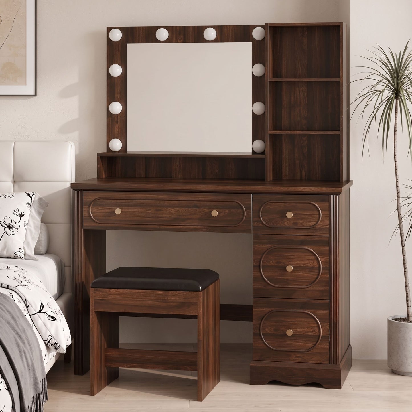 Brown Vanity Desk with Lighted Mirror, Charging Station & Stool