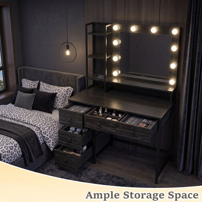 Vanity Dresser with 3-Color Dimming LED Mirror, 5 Storage Drawers & Hair Dryer Holder