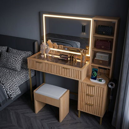 Modern Oak Makeup Vanity Desk with Lighted LED Mirror & Charging Station