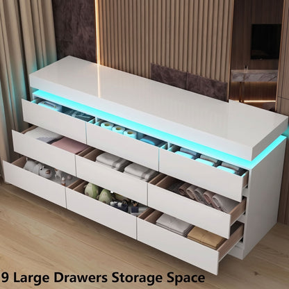Minimalist 9 Drawer Dresser with LED Lights & Charging Station