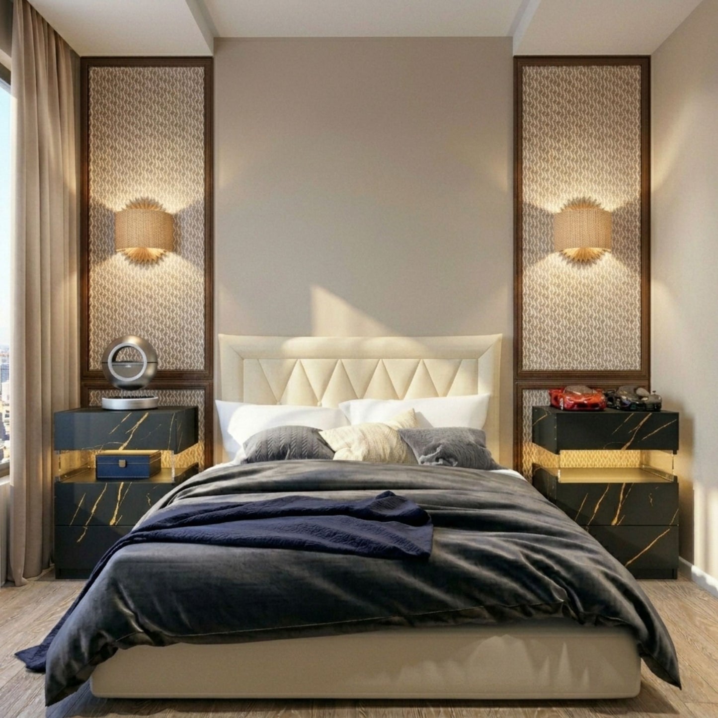 Modern 2-Set Nightstands with Integrated LED Lighting & Floating Shelf Design