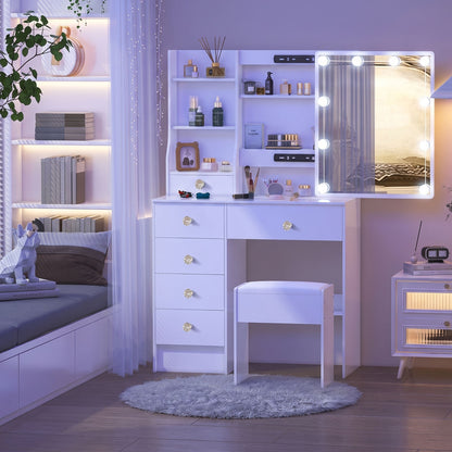 White LED Makeup Vanity Set With Sliding Mirror, 6 Drawers & Padded Stool