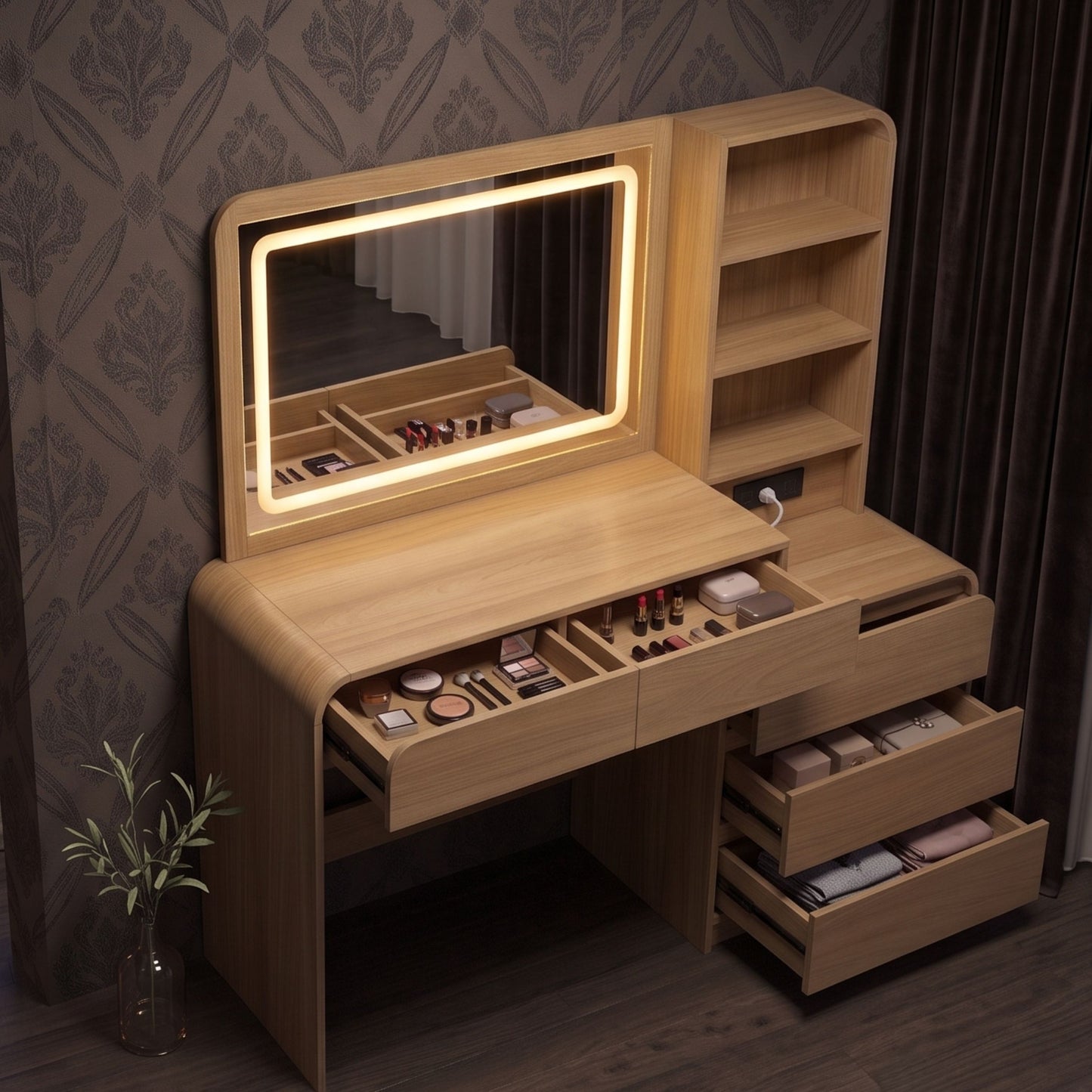 Minimalist Wooden Vanity Desk with Lighted LED Mirror & Charging Station