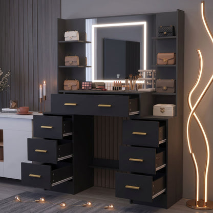 Modern Black Makeup Vanity Desk with 3-Color Dimmable LED Mirror & 7 Drawers