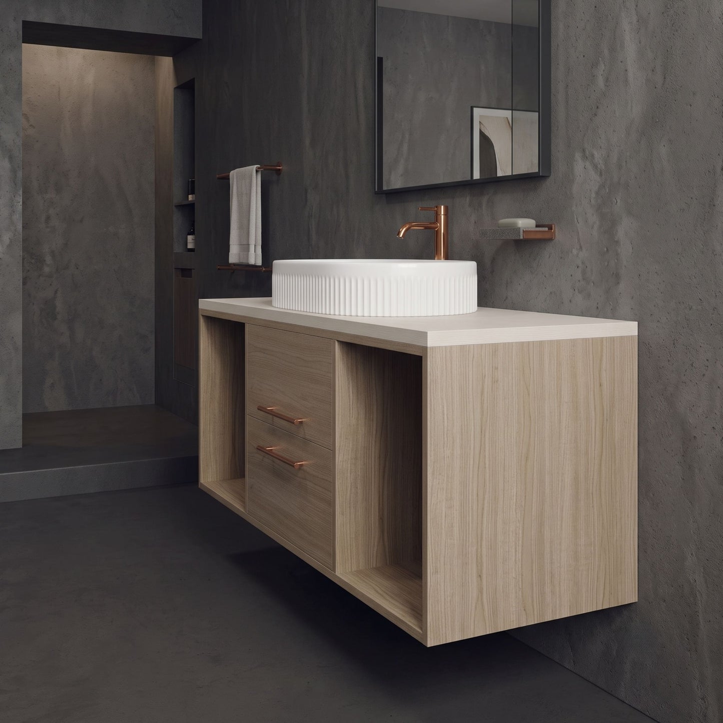 Modern Wall-Mounted Floating Bathroom Vanity with Fluted Oval Vessel Sink