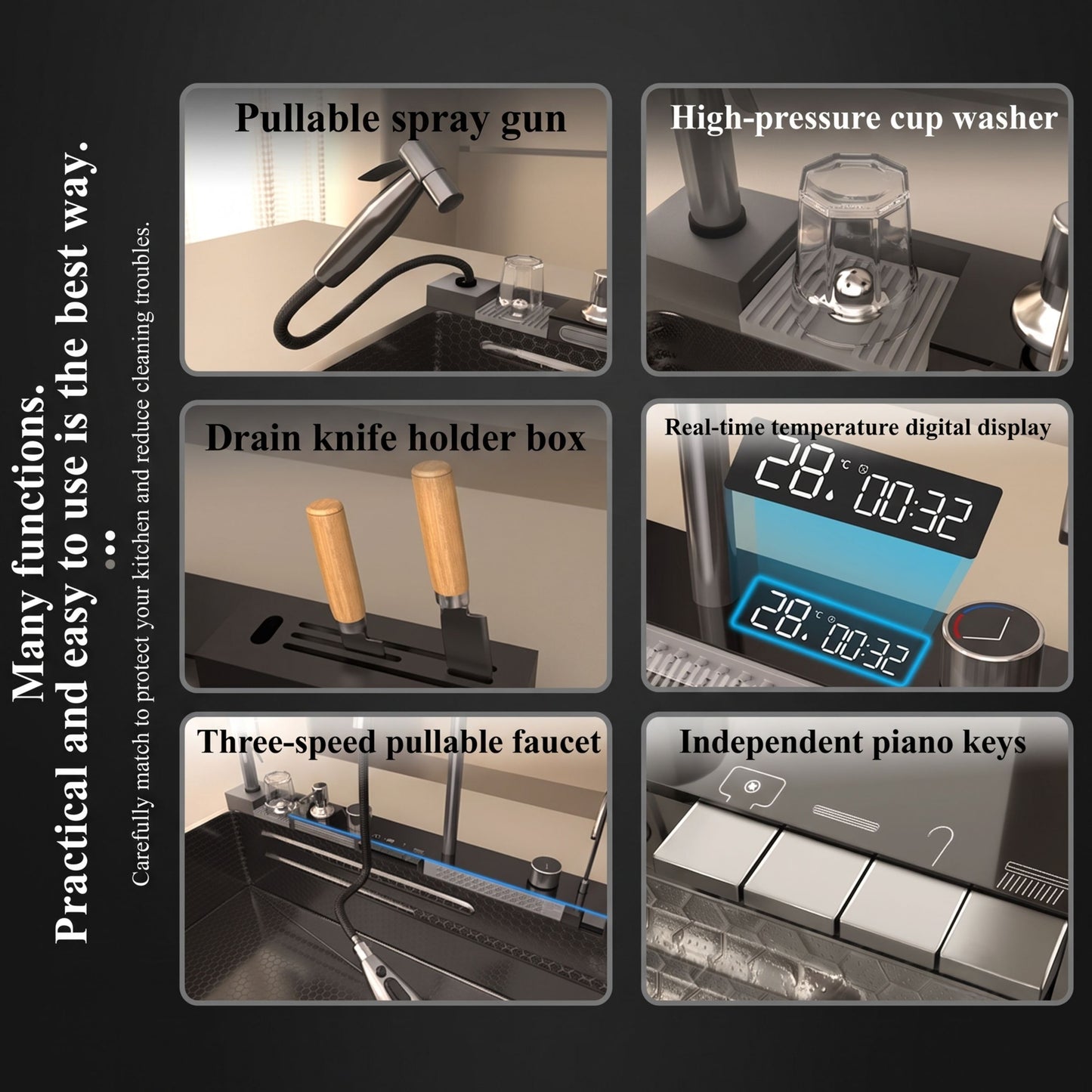 Multifunctional Stainless Steel Kitchen Sink with Waterfall Faucet & Digital Display