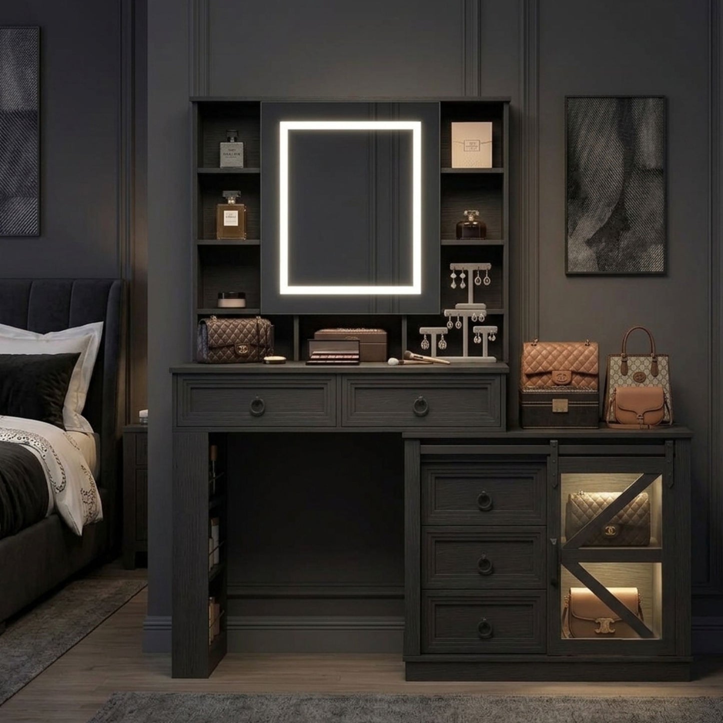 Sleek Modern Multi-purpose 60" Black Vanity Dressing Table