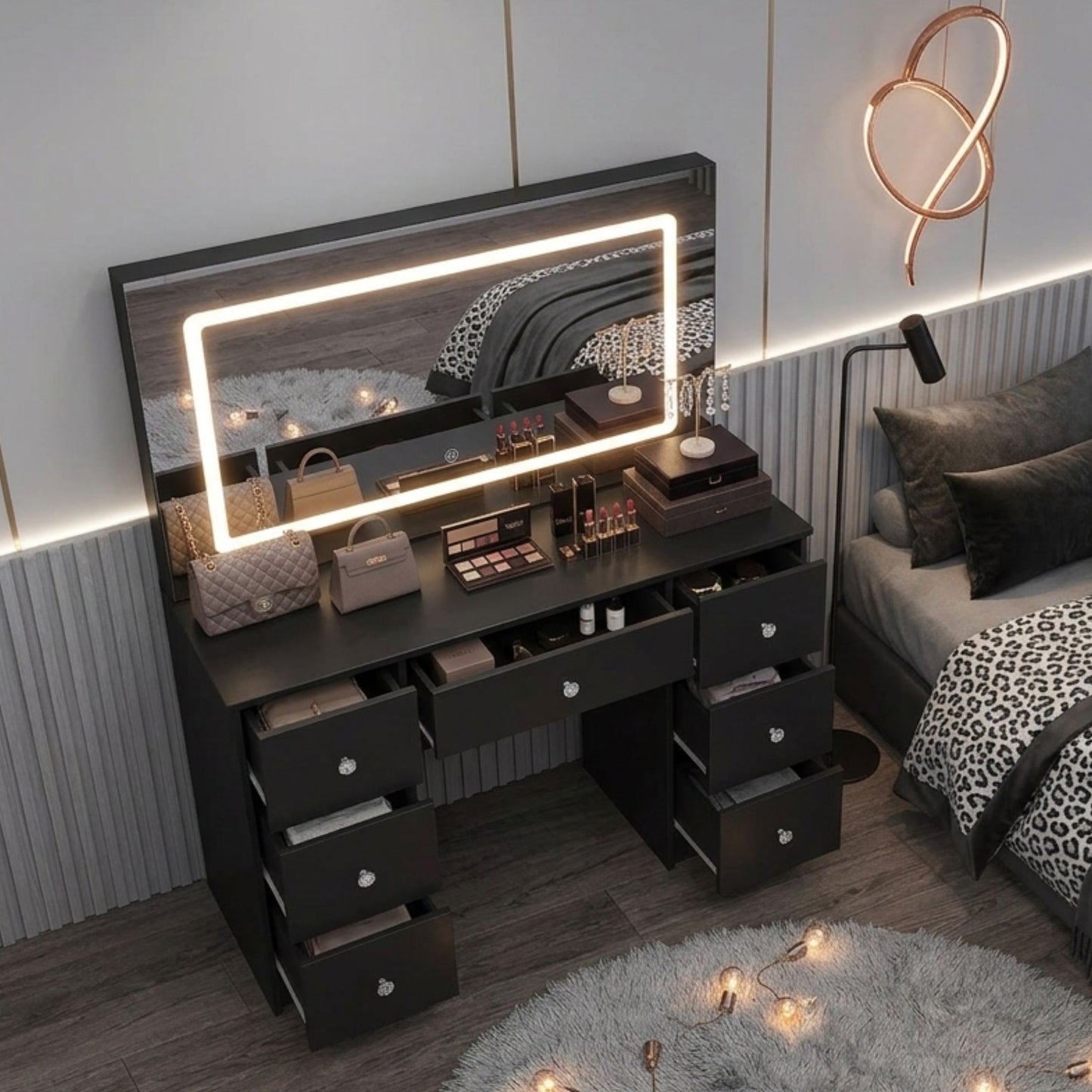 Large Black 7-Drawer Vanity Dressing Table