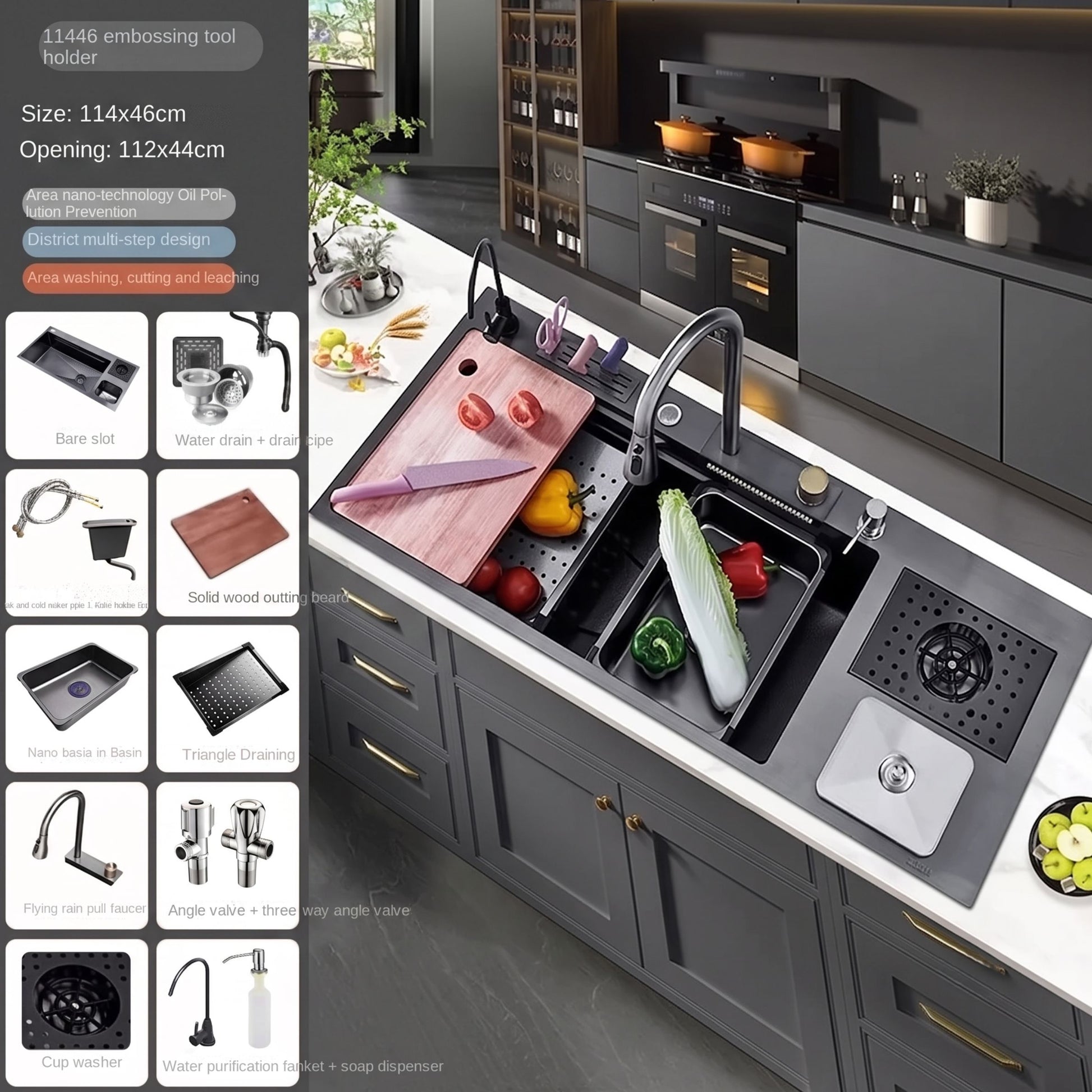 A dark gray double basin kitchen sink with a faucet, drain, and sink guard, shown installed in a modern kitchen. The left side includes a product information panel with dimensions and accessory icons, and the sink area contains vegetables and a cutting board.