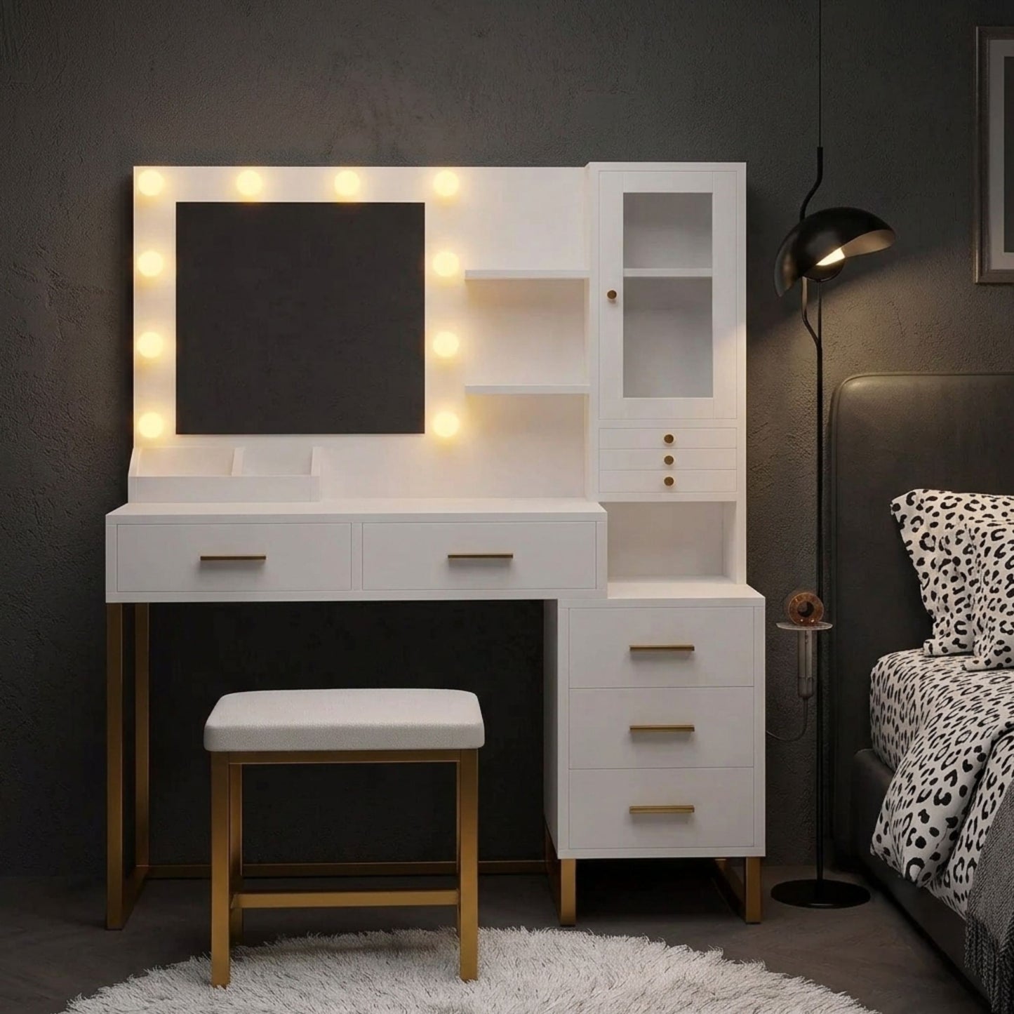 White & Gold Makeup Vanity Desk with Lighted Mirror, Jewelry Organizer & Stool