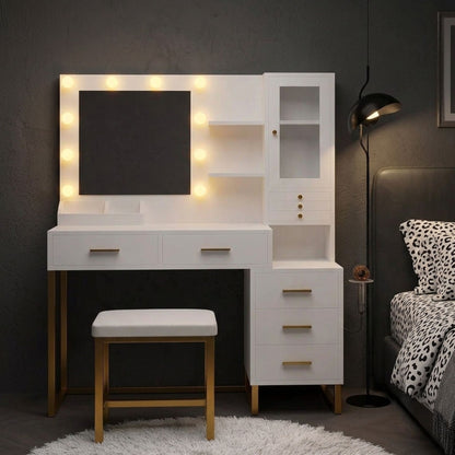 White & Gold Makeup Vanity Desk with Lighted Mirror, Jewelry Organizer & Stool