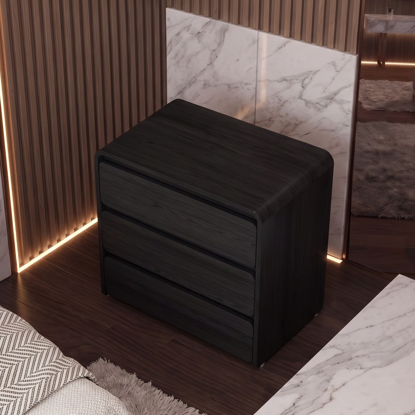 Modern 2-piece 3-Drawer Nightstand with Curved Engineered Wood Ends