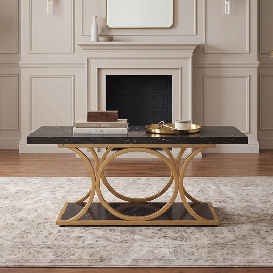 Black Modern Faux Marble 47-Inch Coffee Table With Gold Metal Base