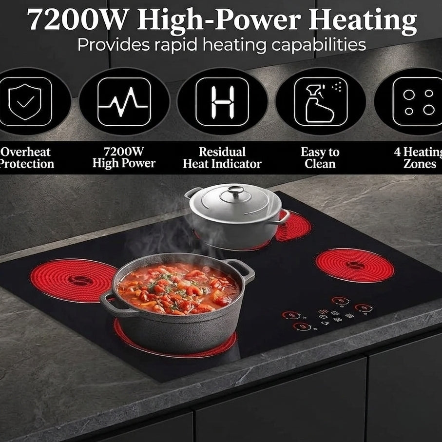 30" Built-In Electric Radiant Cooktop | 4-Burner 7200W Glass Stove