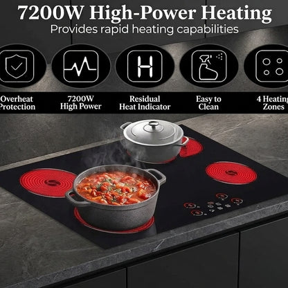 30" Built-In Electric Radiant Cooktop | 4-Burner 7200W Glass Stove