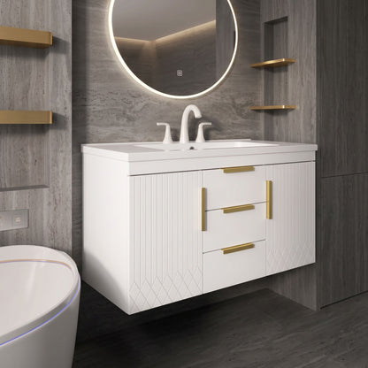 Floating Bathroom Vanity with Resin Sink Combo & Gold Hardware