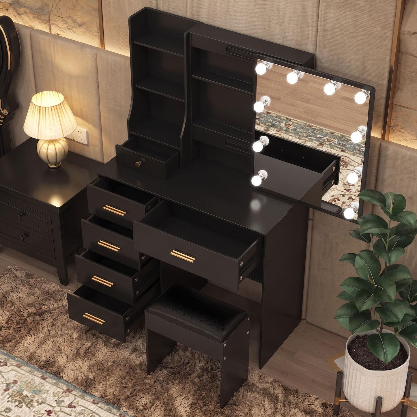 Black Makeup Vanity Dressing Table Set with Stool, Hidden Shelves, & Sliding Mirror