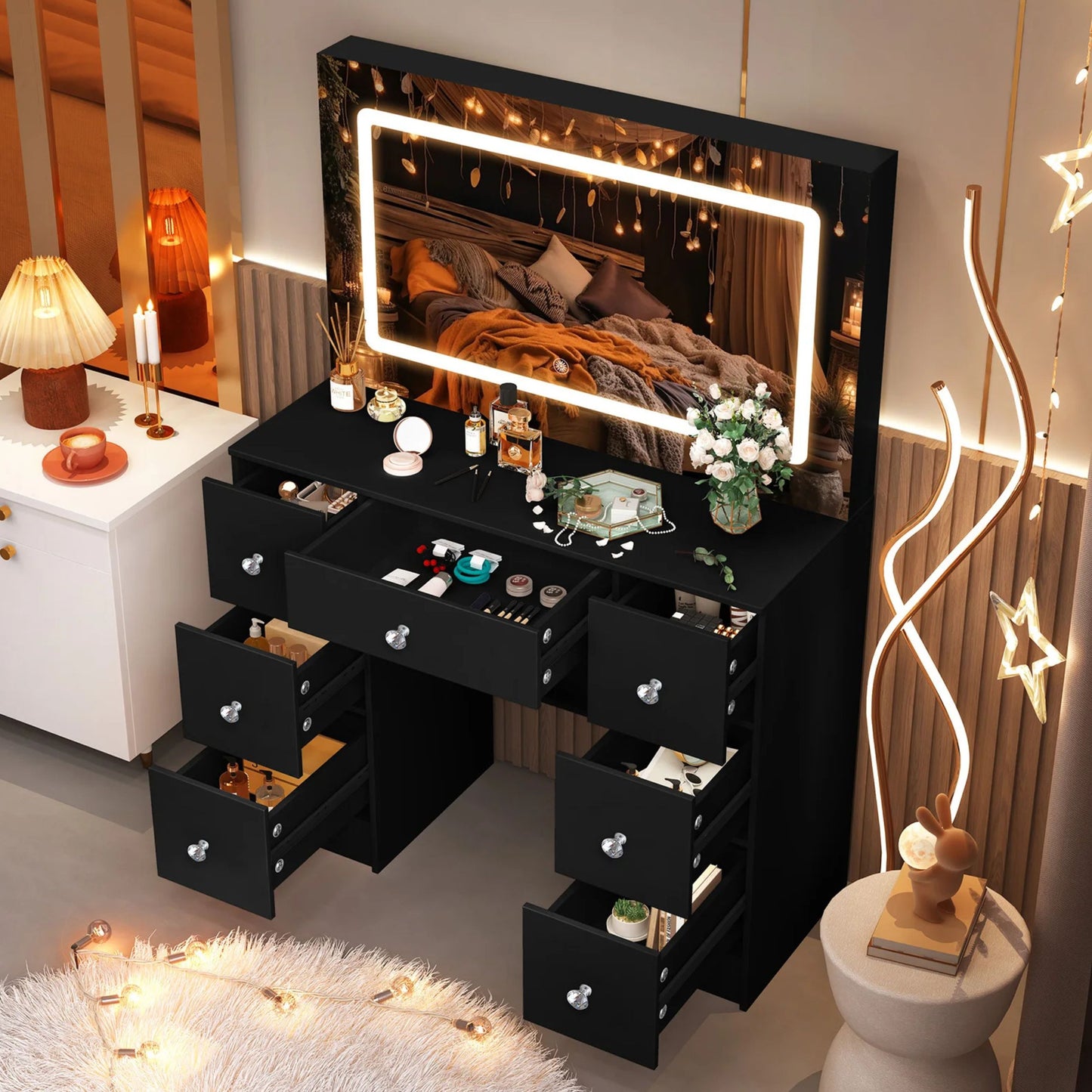 Large Black 7-Drawer Vanity Dressing Table