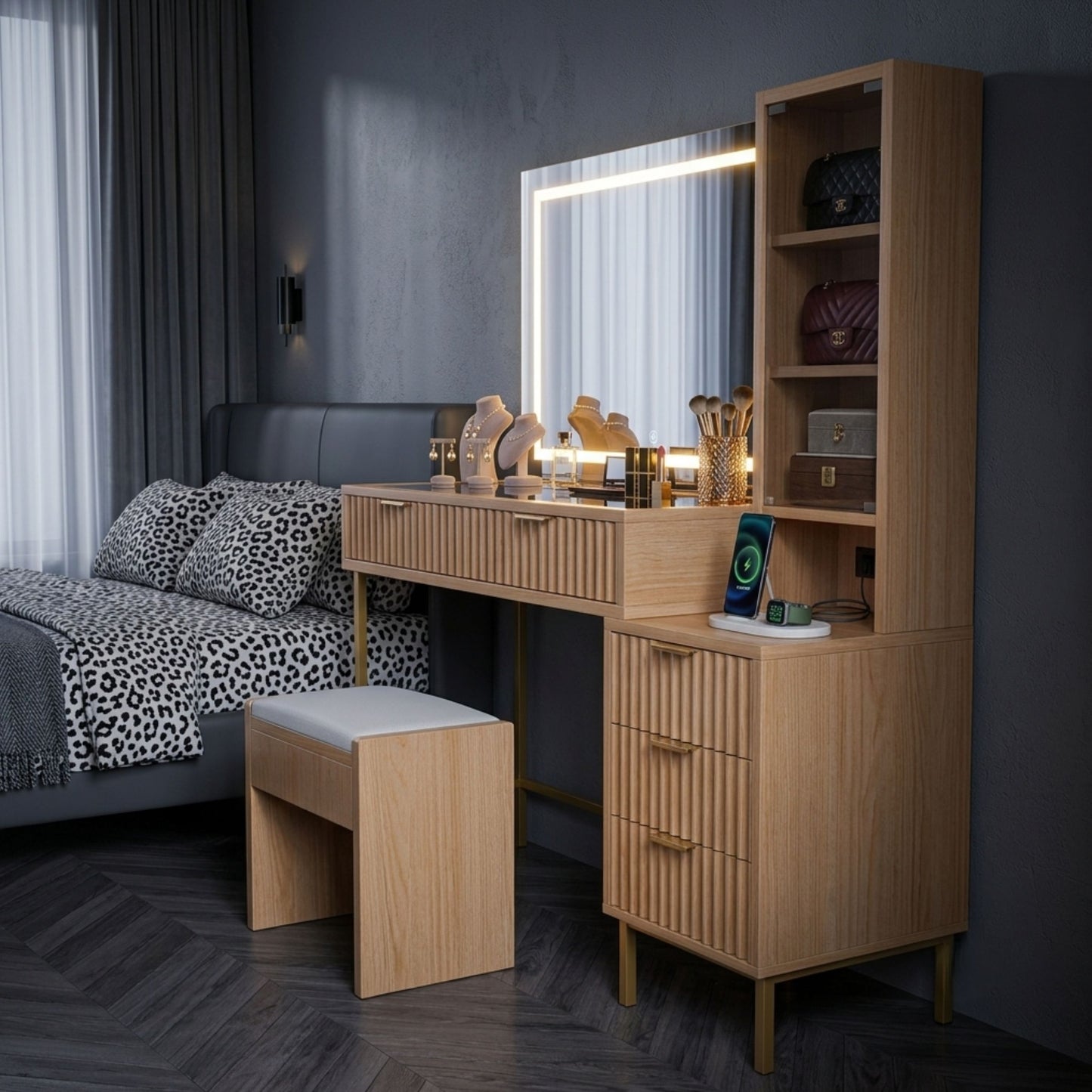 Modern Oak Makeup Vanity Desk with Lighted LED Mirror & Charging Station