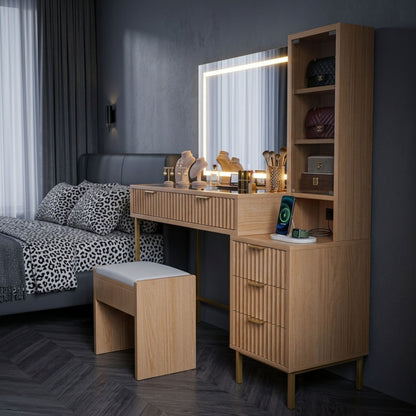 Modern Oak Makeup Vanity Desk with Lighted LED Mirror & Charging Station