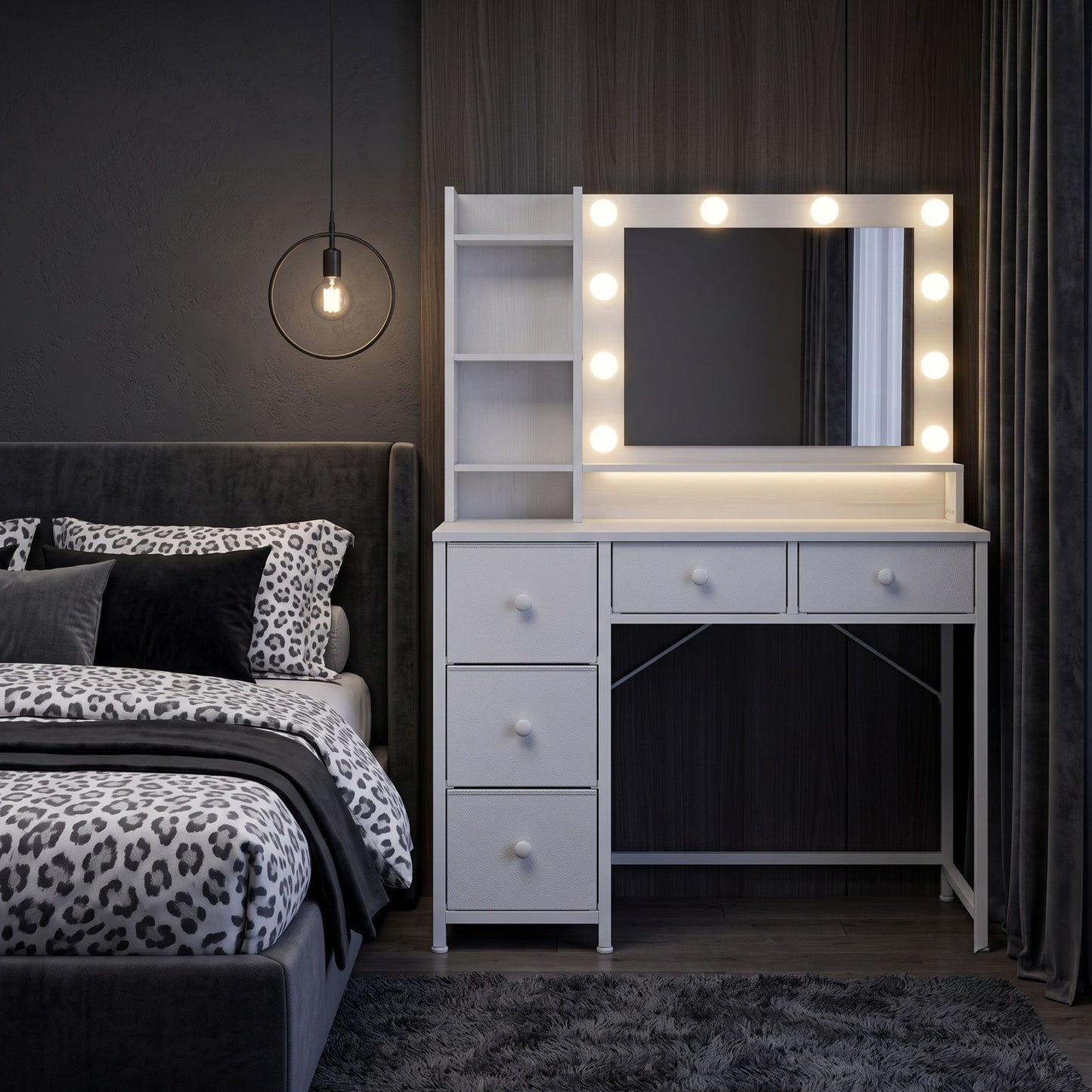 Vanity Dresser with 3-Color Dimming LED Mirror, 5 Storage Drawers & Hair Dryer Holder