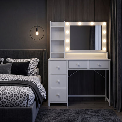Vanity Dresser with 3-Color Dimming LED Mirror, 5 Storage Drawers & Hair Dryer Holder