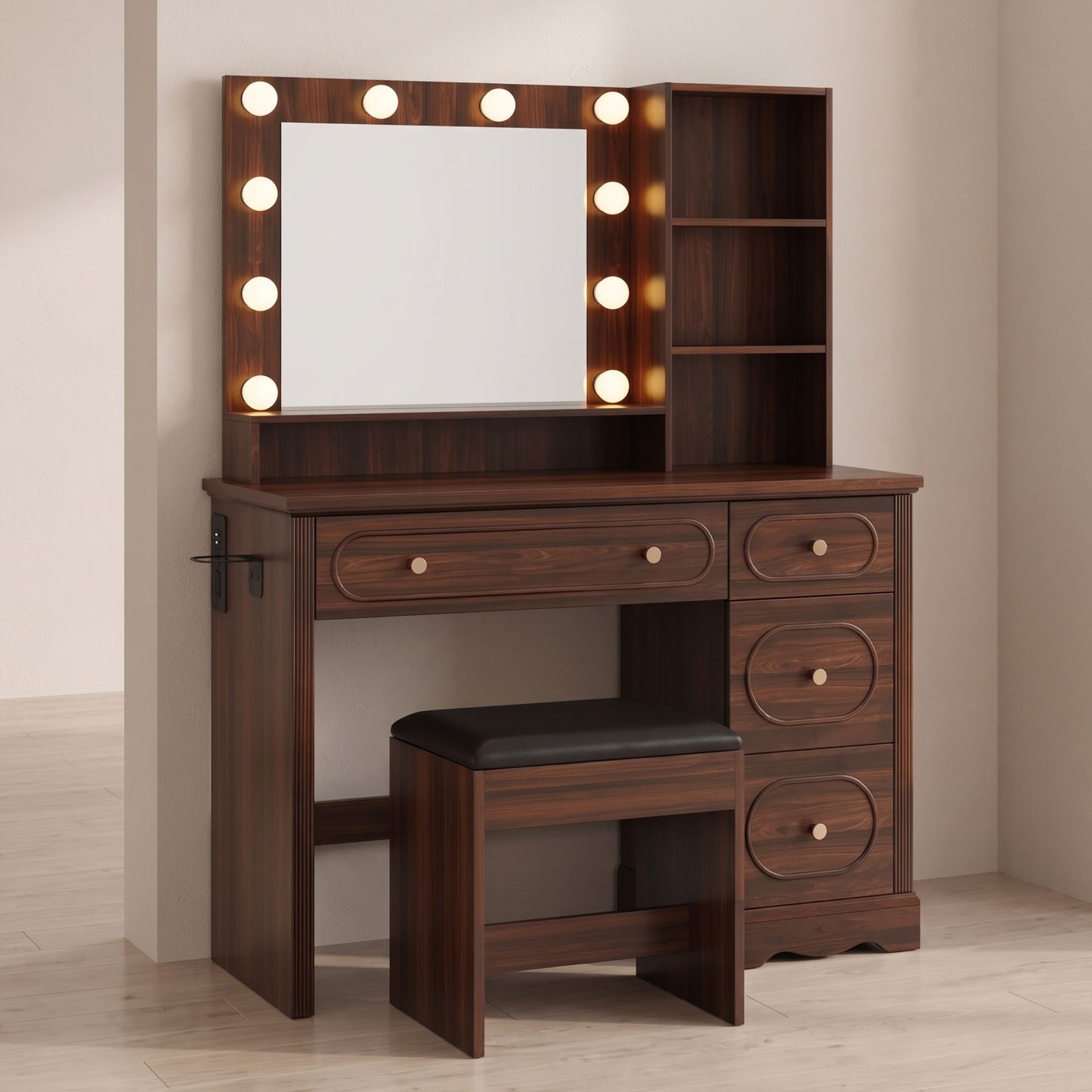 Brown Vanity Desk with Lighted Mirror, Charging Station & Stool