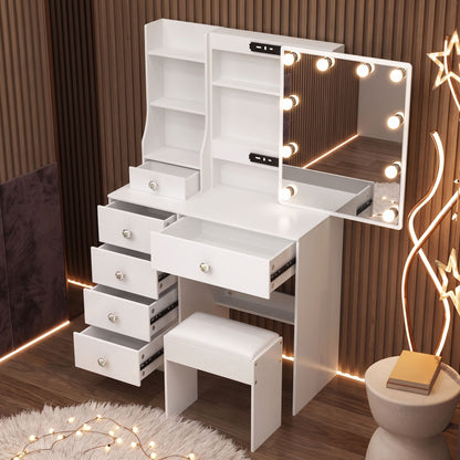 White LED Makeup Vanity Set With Sliding Mirror, 6 Drawers & Padded Stool
