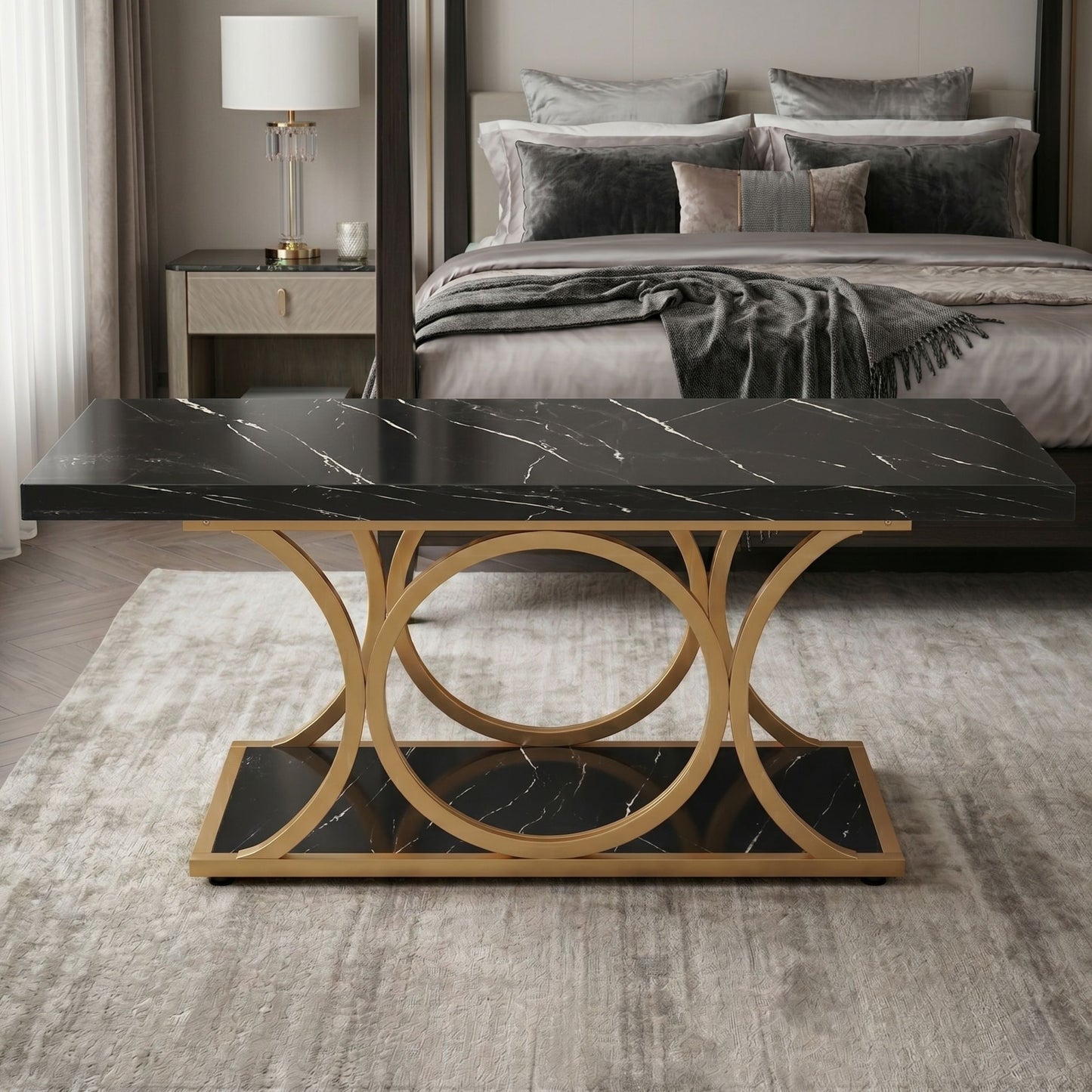 47-Inch Modern Faux Marble Coffee Table with Gold Metal Legs
