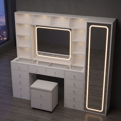 White LED Makeup Vanity Desk With 14 Drawers, Glass Top & Lighted Wardrobe
