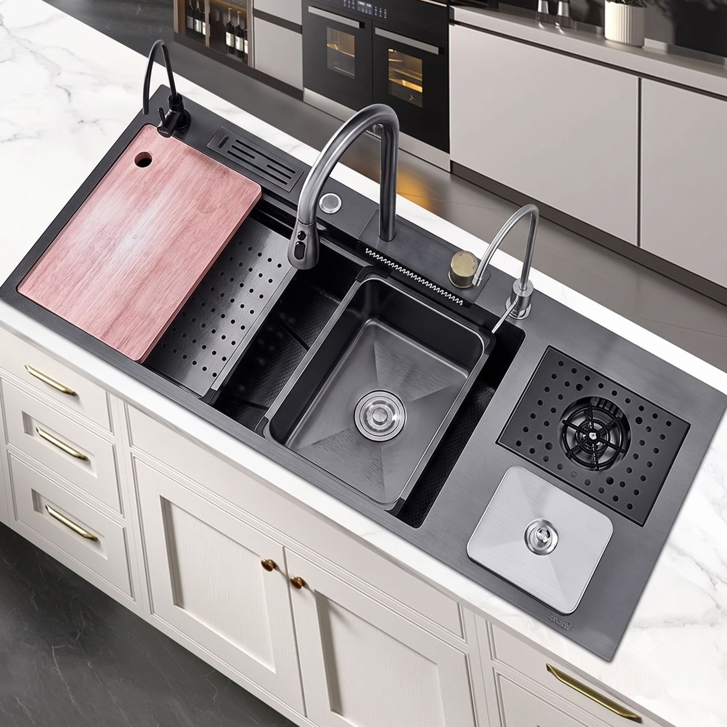 A modern kitchen sink setup with a dark gray double basin, a tall curved faucet, a draining basket, a square drain cover, and a wooden cutting board resting on a white marble countertop in a bright kitchen.