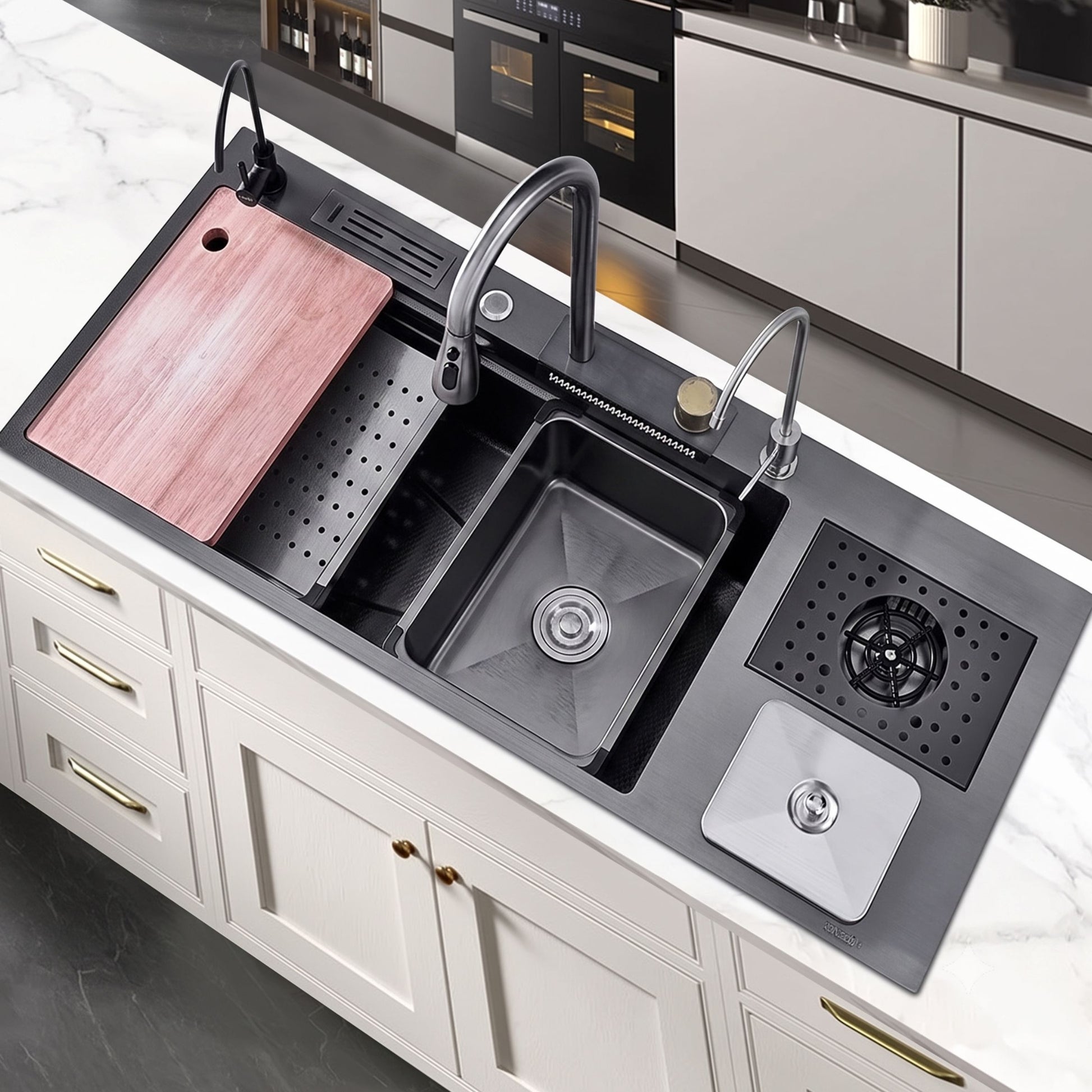A modern kitchen sink setup with a dark gray double basin, a tall curved faucet, a draining basket, a square drain cover, and a wooden cutting board resting on a white marble countertop in a bright kitchen.