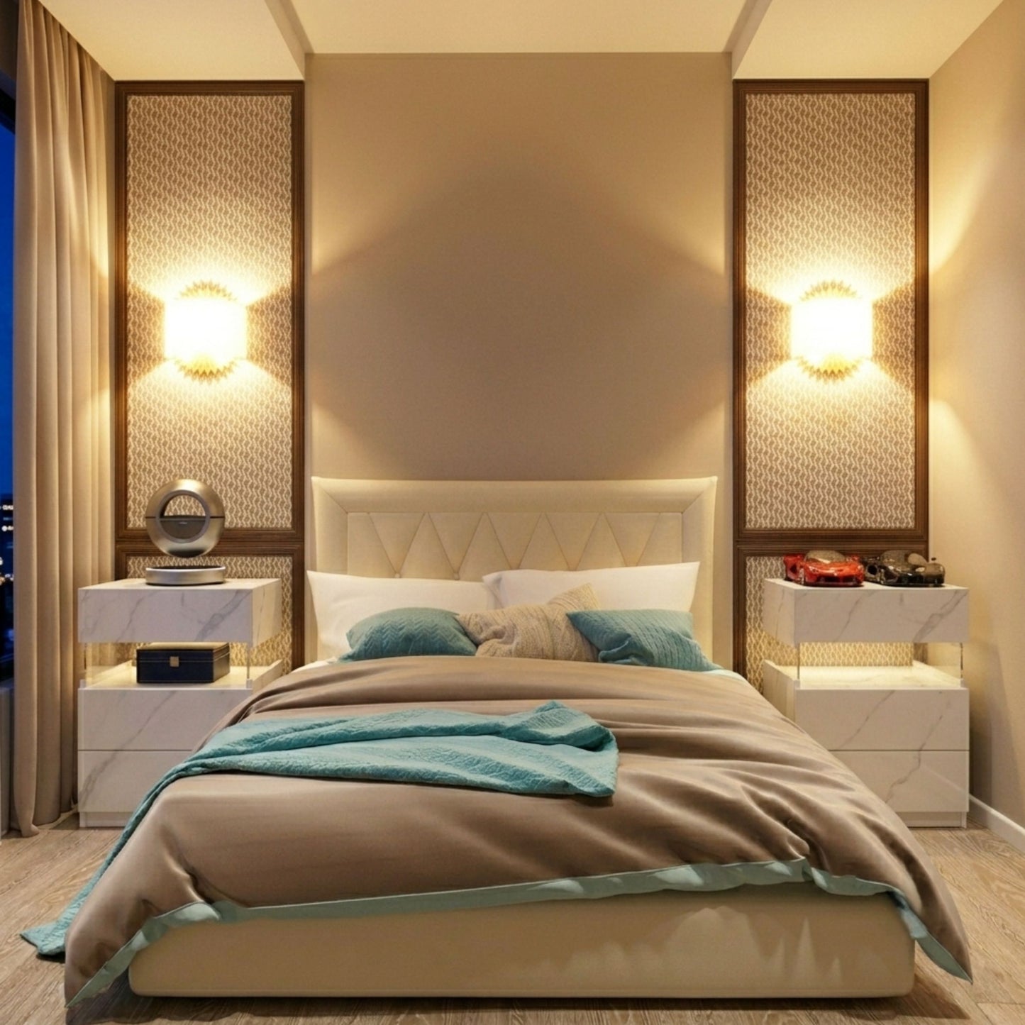 Modern 2-Set Nightstands with Integrated LED Lighting & Floating Shelf Design