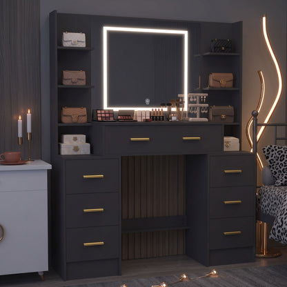 Modern Black Makeup Vanity Desk with 3-Color Dimmable LED Mirror & 7 Drawers