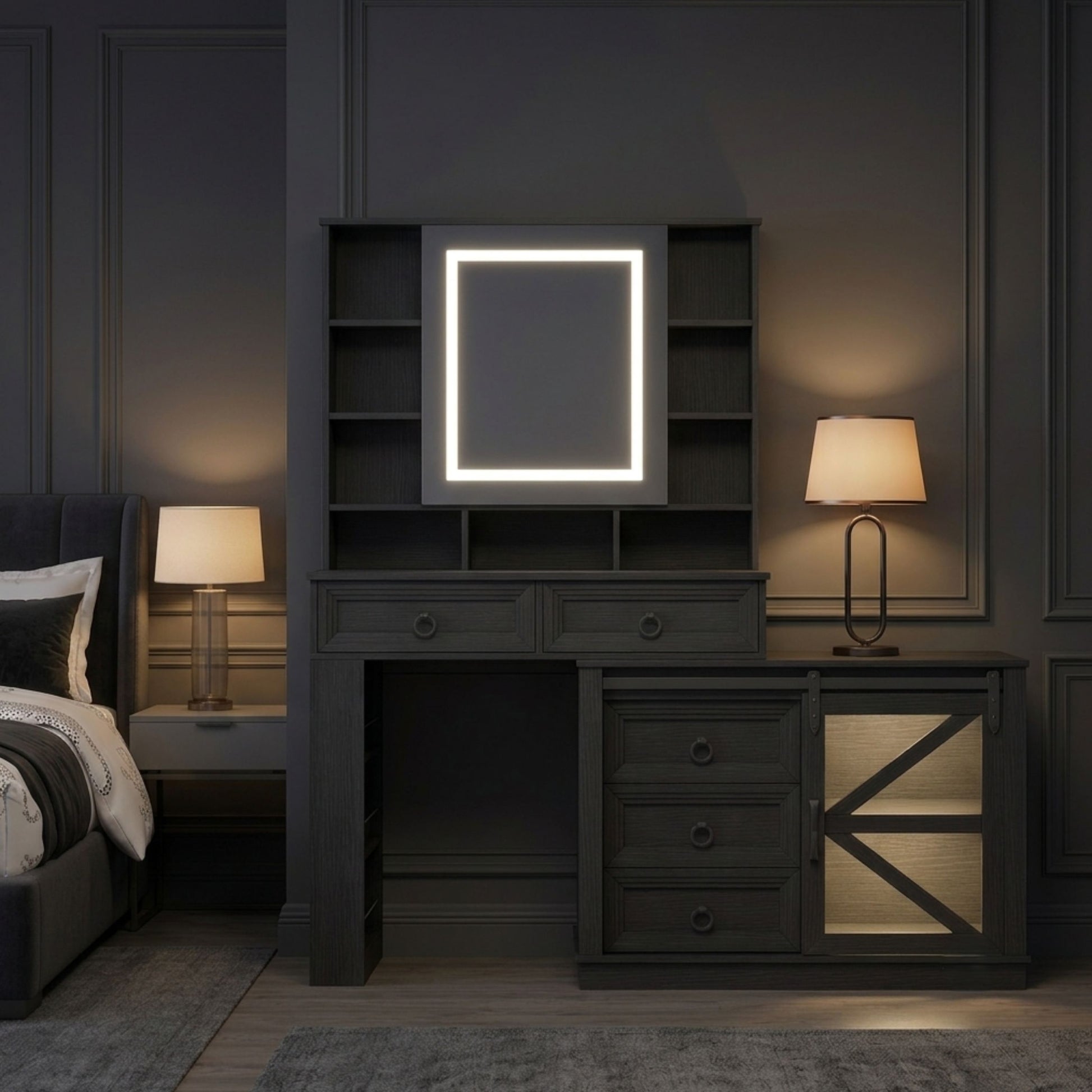 A dark gray wooden writing desk with an integrated hutch, drawers, and a glowing square mirror, set in a modern bedroom next to a bed and lamps.