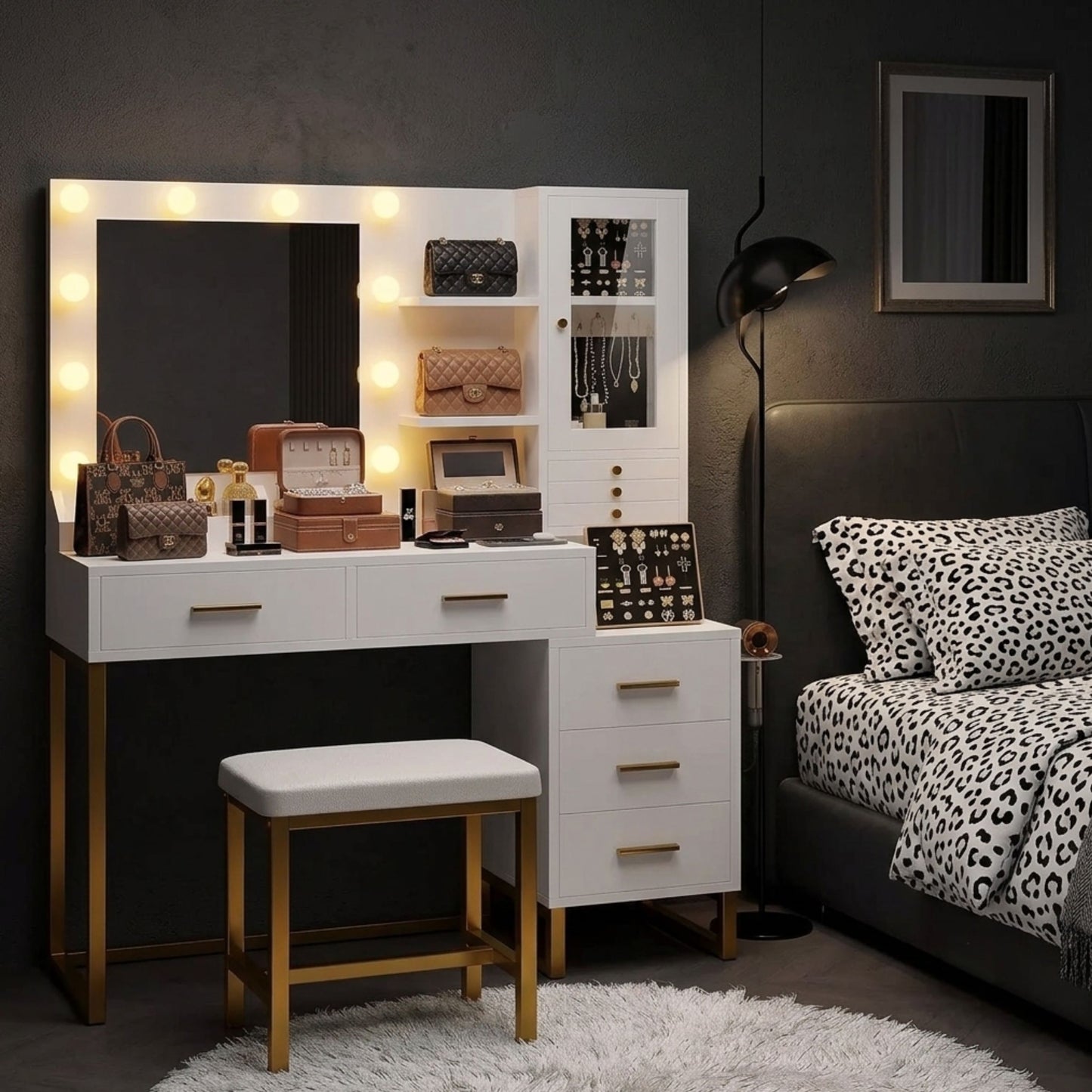 White & Gold Makeup Vanity Desk with Lighted Mirror, Jewelry Organizer & Stool