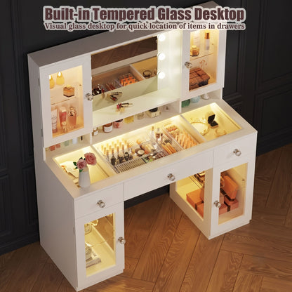 Makeup Vanity Desk with Mirror and RGB Lights, White Glass Top Vanity with Power Outlet & 4 Lighted Cabinets