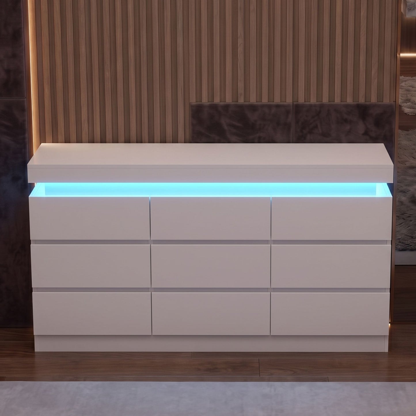 Minimalist 9 Drawer Dresser with LED Lights & Charging Station