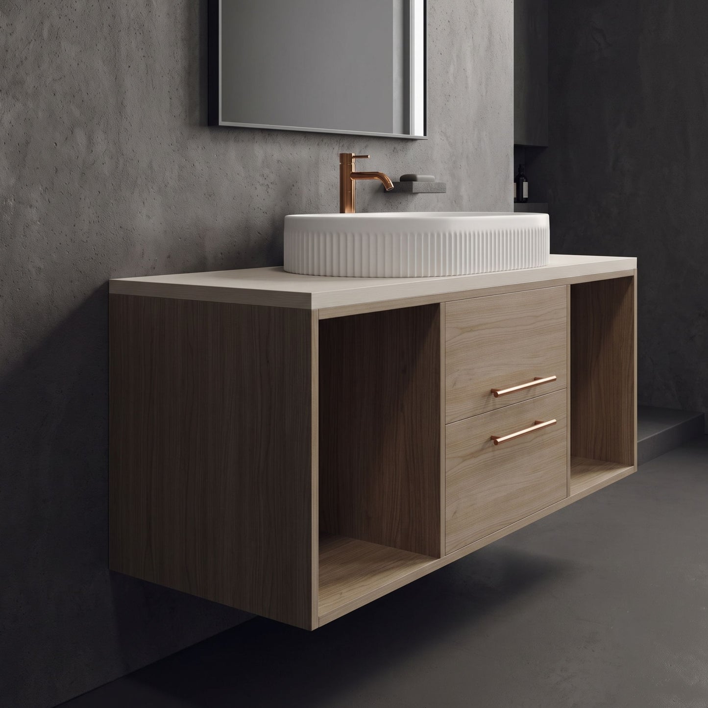 Modern Wall-Mounted Floating Bathroom Vanity with Fluted Oval Vessel Sink