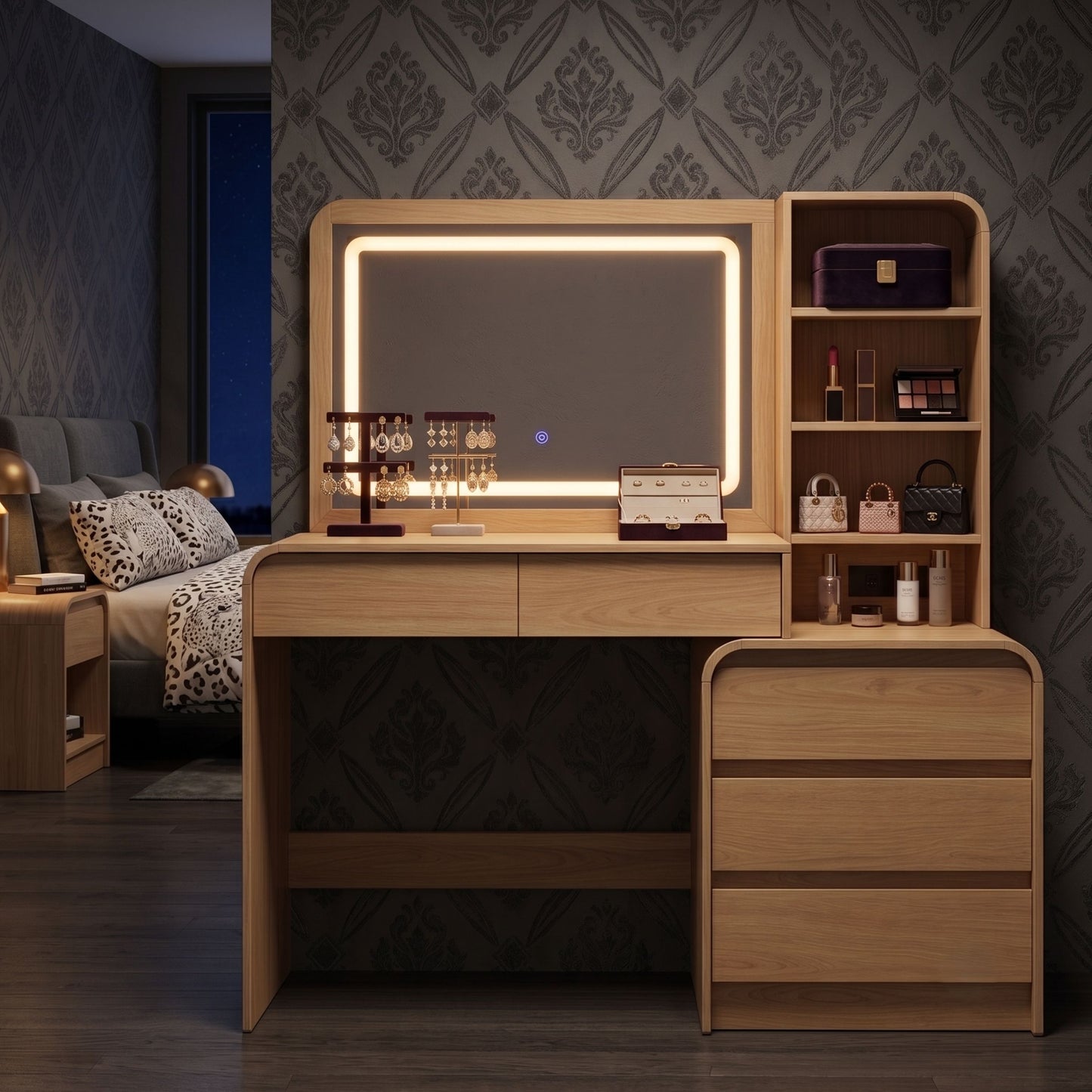 Minimalist Wooden Vanity Desk with Lighted LED Mirror & Charging Station
