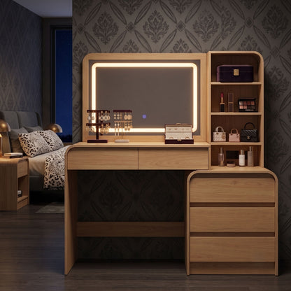 Minimalist Wooden Vanity Desk with Lighted LED Mirror & Charging Station
