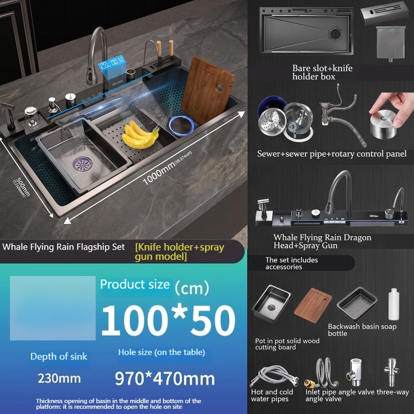 Multifunctional Stainless Steel Kitchen Sink with Waterfall Faucet & Digital Display