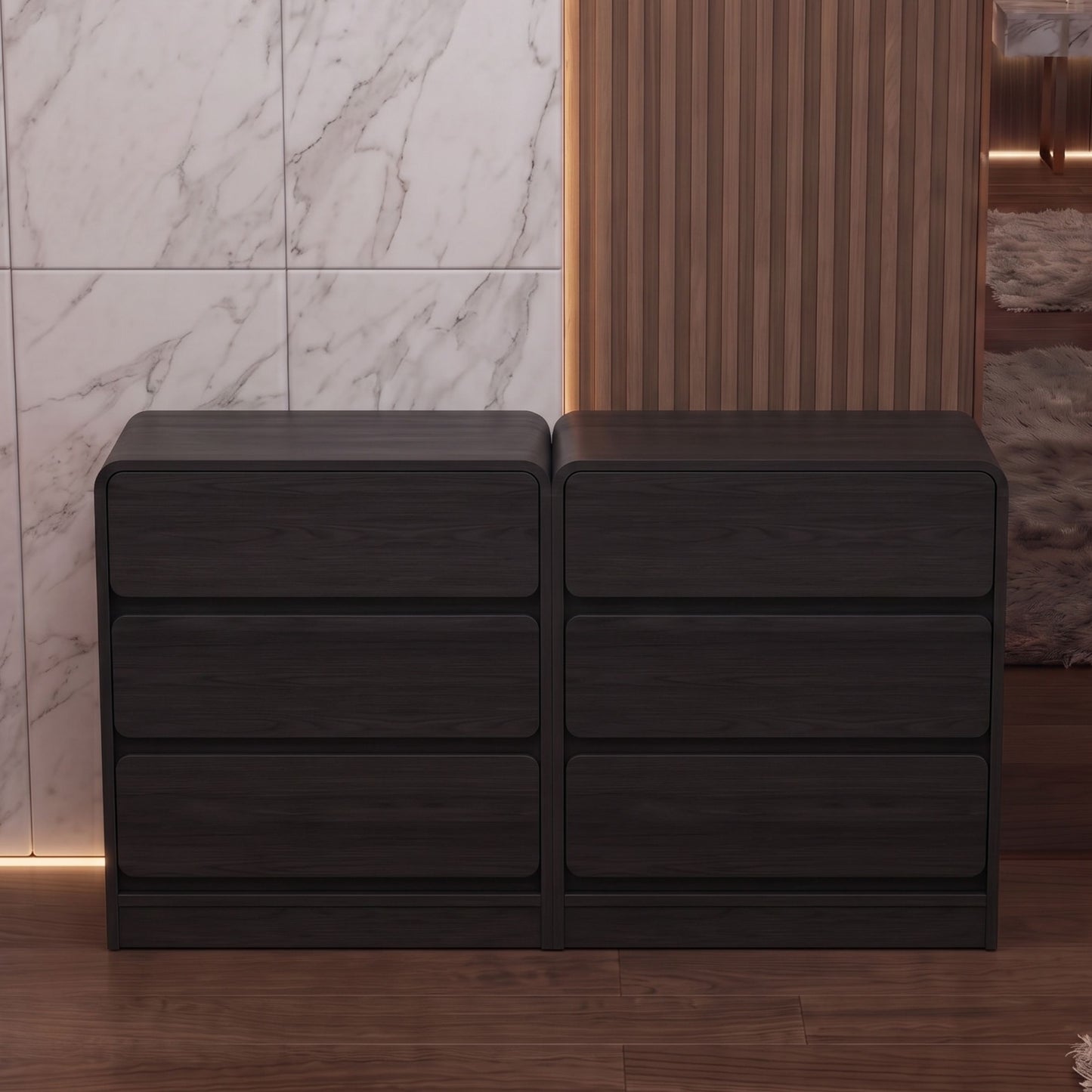 Modern 2-piece 3-Drawer Nightstand with Curved Engineered Wood Ends
