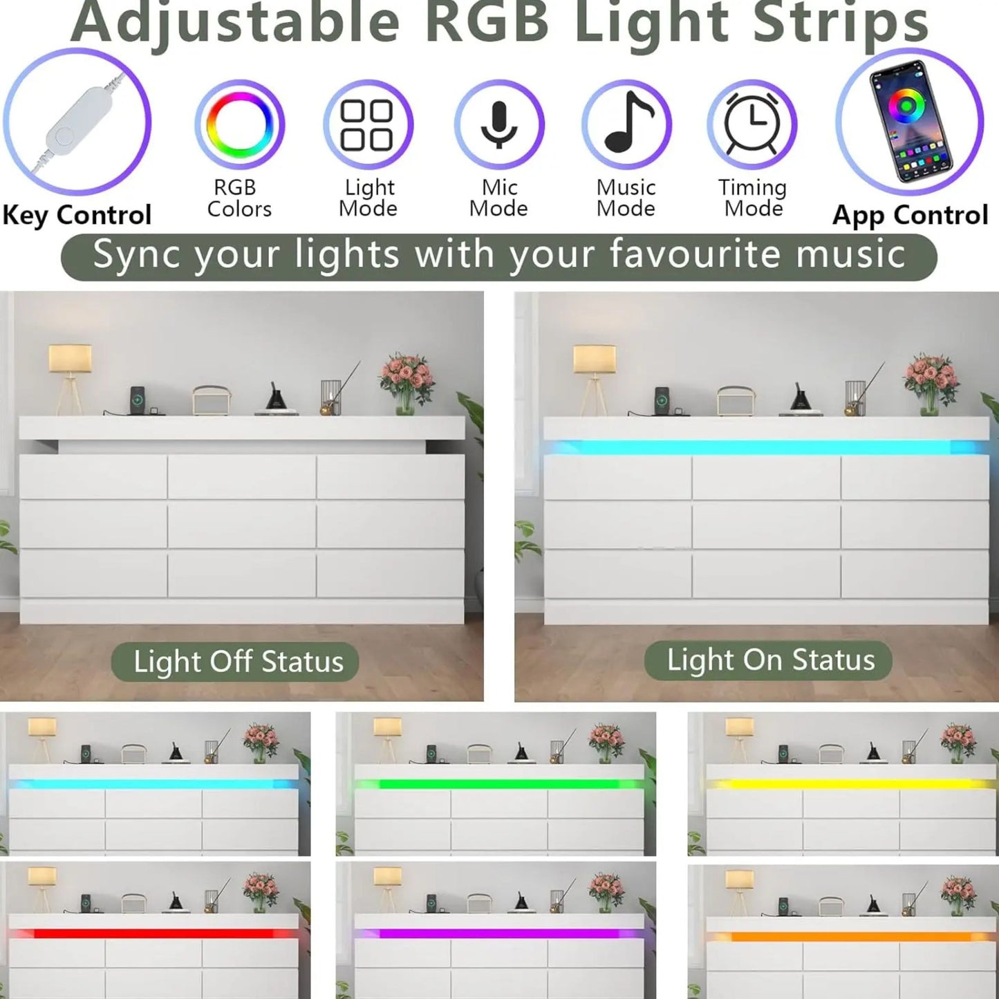 Minimalist 9 Drawer Dresser with LED Lights & Charging Station