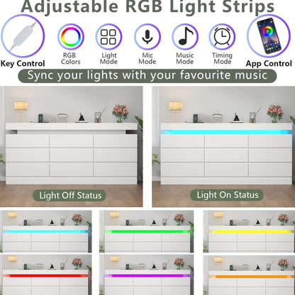 Minimalist 9 Drawer Dresser with LED Lights & Charging Station