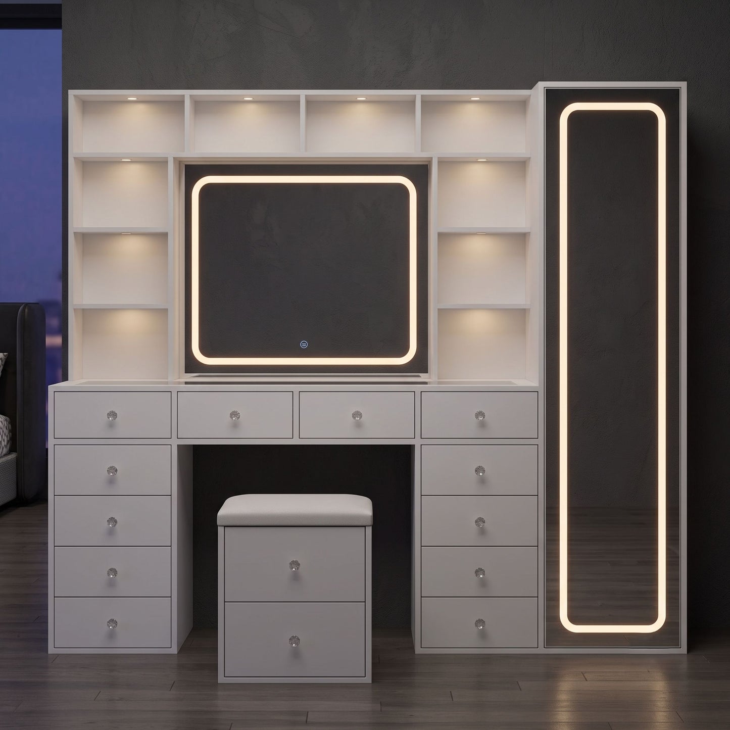 White LED Makeup Vanity Desk With 14 Drawers, Glass Top & Lighted Wardrobe