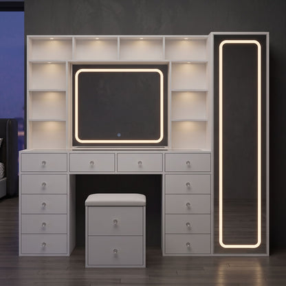 White LED Makeup Vanity Desk With 14 Drawers, Glass Top & Lighted Wardrobe