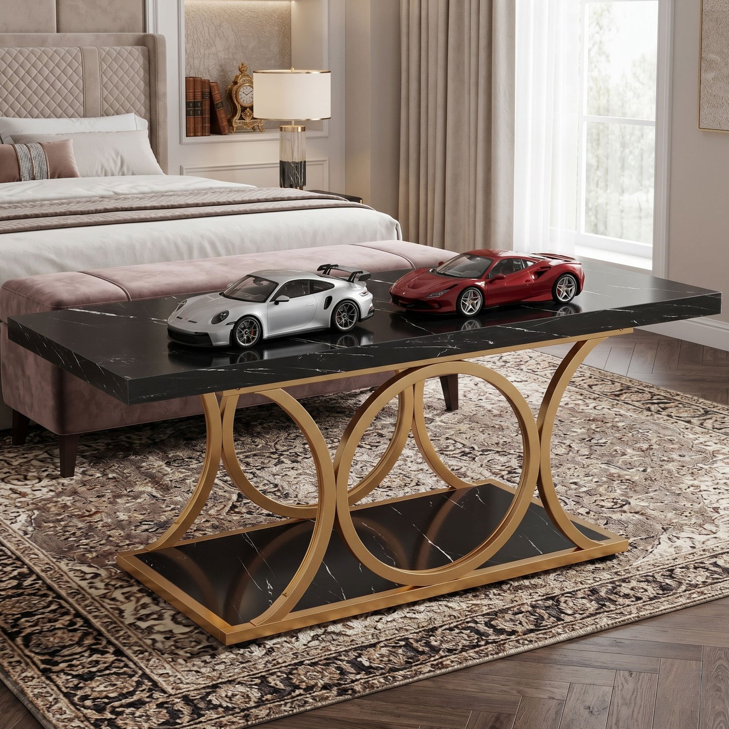 47-Inch Modern Faux Marble Coffee Table with Gold Metal Legs