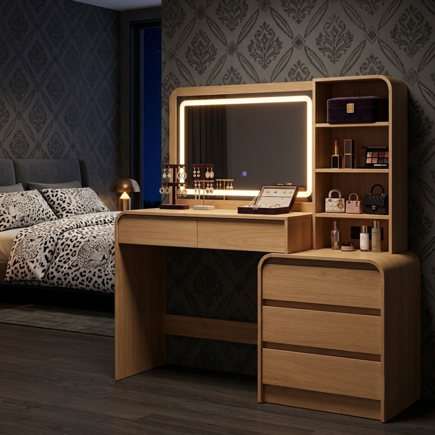 Minimalist Wooden Vanity Desk with Lighted LED Mirror & Charging Station