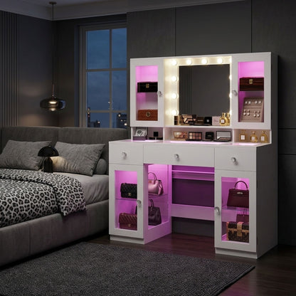 Makeup Vanity Desk with Mirror and RGB Lights, White Glass Top Vanity with Power Outlet & 4 Lighted Cabinets